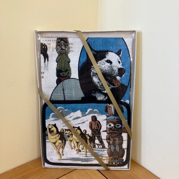 Alaska Midnight Sun Kitchen Towel Pot Holder Inuit Husky Dog NEW Vintage Kay-Dee - Picture 1 of 9
